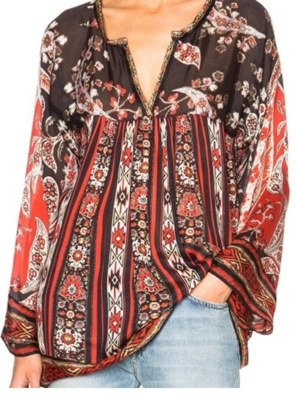 Isabel Marant Etoile Top Tucson Black/Red Paisley Print Crepe Blouse Size 1 (XS)